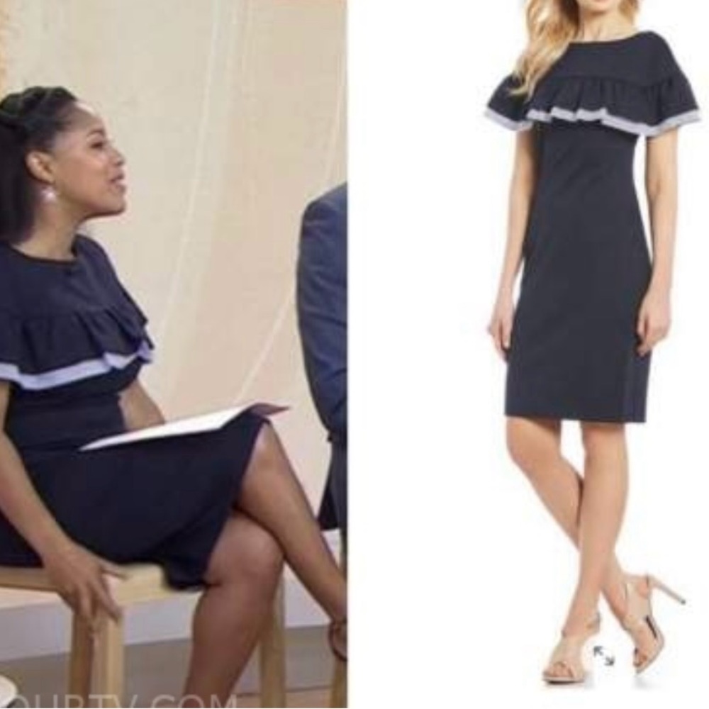 Eliza J Navy blue ruffle stripe trim dress
